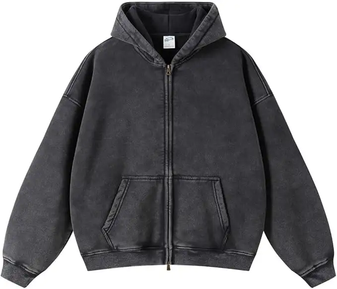 Vintage Batikล้างผ้าฝ้าย100% ผู้ชายZipper-Up HoodieหลวมFit Hooded Collar Solid Terry Lining Anti-Pillingสำหรับฤดูใบไม้ร่วง