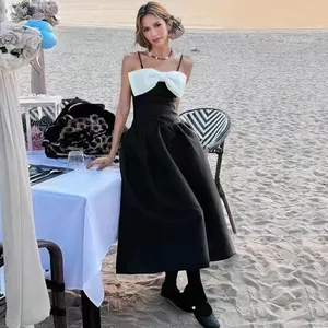 AELESEEN Designer Fashion Spliced Sequined Bowknot Slimming A-Line Dress for Women Spaghetti Strap High Waist Party Female New