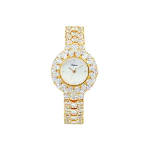 Gold-Plated Luxury Women's Watch with Diamond-Encrusted Bezel Elegant MOP Dial and Quartz Movement High-End Fashion Bracelet