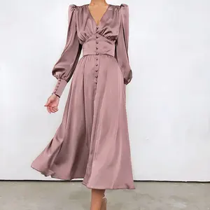 Women's Retro Satin Waist Dress Cross-Border V Neck Sexy Maxi Length European American Style Casual Dress for Summer