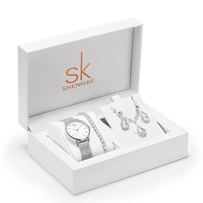 Noble Women's Business Simple Set Watches Black Gemstone Bracelet Pearl Necklace Stainless Steel Mesh Band Quartz Watch Glass