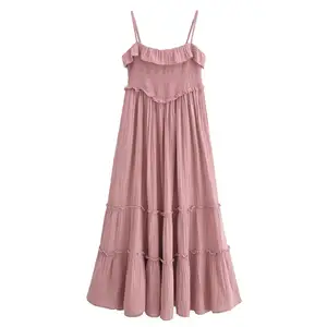 Pink Color Spaghetti Strap Smocked Casual Fashion Long slip Dress for Women