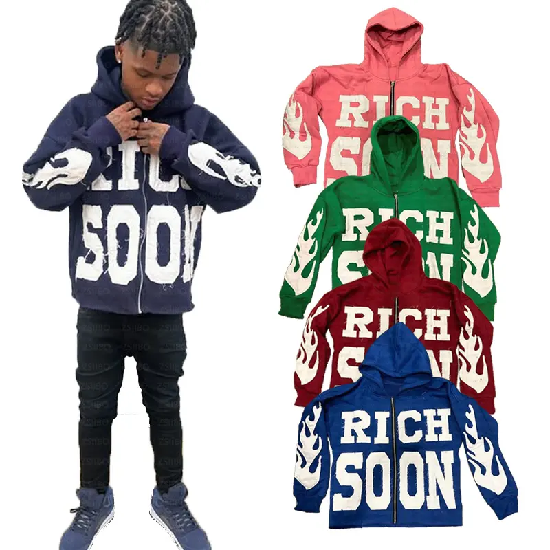 Custom Streetwear Distressed Vintage Unisex Distressed Patchwork Logo Man Jacket Embroidery Zip up Hoodies