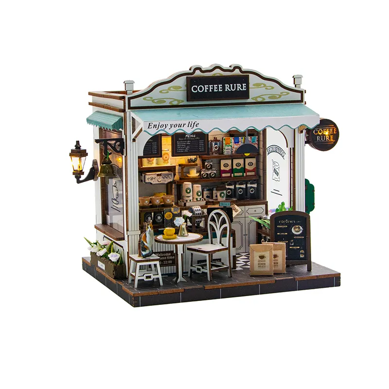 Hongda 2025 สินค้าใหม่ M2506 กาแฟ Rure ชุดตุ๊กตา Miniature DIY บ้านตุ๊กตาไม้ตุ๊กตาไม้พร้อมแสง