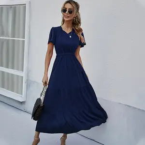 Women Solid Summer Short Sleeve Fashion Dress
