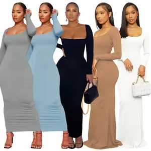 Vintage Fashion Women Casual Dress Plain Long Sleeves square Neck A-line Slim Evening Dress Women Maxi Bodycon Dress