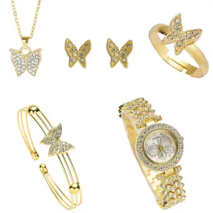 New Trendy Butterfly Ladies Alloy Business Glass Dial Quartz Watch Set Full Diamond Bracelet Engagement Ring 5pcs Jewelry Set