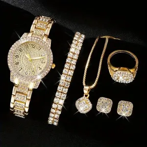 Luxury Rhinestone Quartz Watch Hiphop Fashion Analog Wrist Watch with 5pcs Jewelry Set Gift for Women