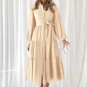Women Simple Casual Elegant Dress Fashionable Loose Long Sleeves A-line Midi Shirt Dress