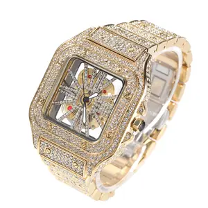 Hip Hop Fashion Jewelry Bling Gold Plated Iced Out Rhinestone Square Watch Full Diamond Trendy Vintage Quartz Watches for Men