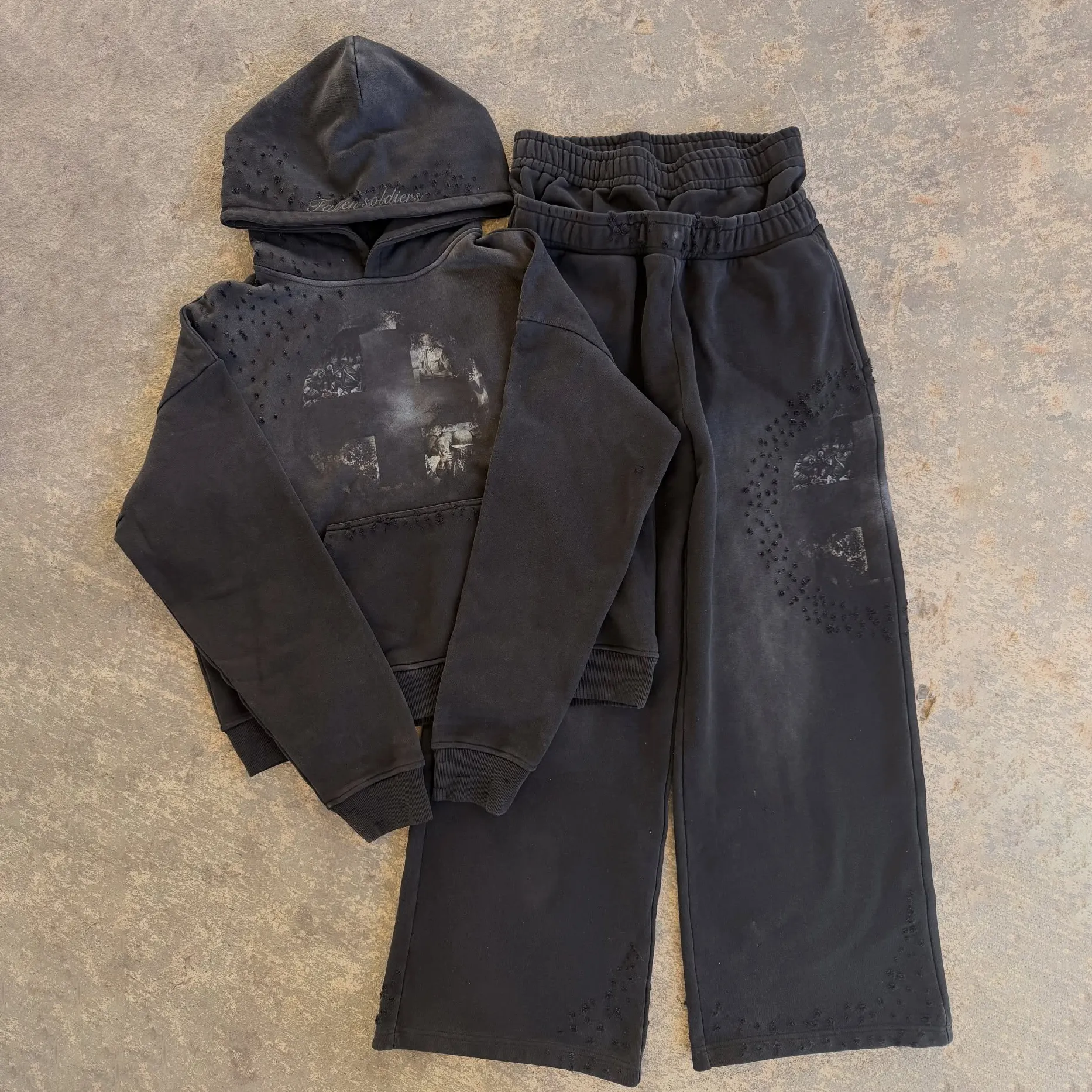 US Free Tax Sun Faded Joggers Acid Wash Distressed Set Hoodie Sweatpants Flared Pants Screen DTG Logo Tracksuit