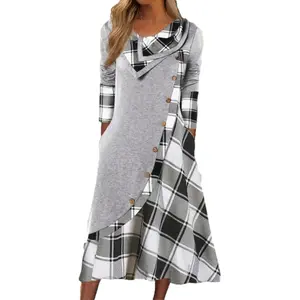 High Quality Women Fashion Irregular Pile Collar Patchwork Print Long Sleeve Ladies Dress