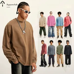 Men's Clothing 2025 American Fashion Brand Retro Washed Clothes Men's Pure Cotton 270G Long Sleeved T-shirt Youth T-shirt Men