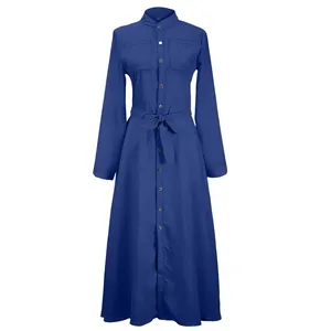 New Fashion Women Long Dresses Lapel Shirt Collar Dress Long Sleeve French Elegant Solid Color Office Lady Casual Dress