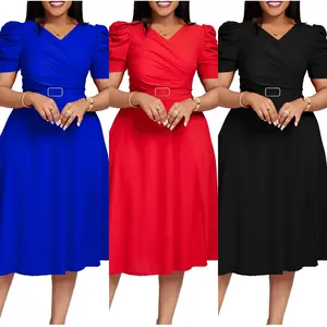 Women's Elegant Casual A-Line Skirt XL Size Satin Fabric V-Neck Dress with Large Hem and Natural Button for Summer