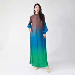 Miyake Women Pleated Casual Dress Loose Stretch Printed Plus Size Large Fashionable Western Style Gradient Dress