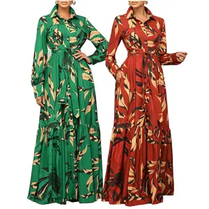 Latest Design Fashion Autumn Dresses Women Casual Lapel Strap Print Long Sleeve Shirt