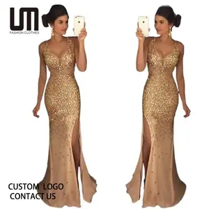OEM Service High End Women Fashion Elegant Sequins Lace Dubai Saudi Arabic Prom Gowns Party Slit Evening Dress