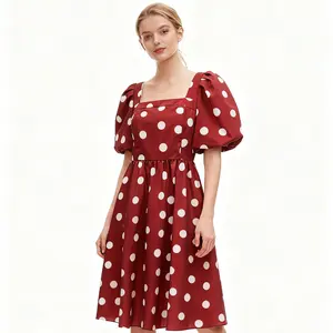 New Fashion Casual Breathable High Street Red Women Midi Dress Female Fashion White Polka Dots Print Woven ODM