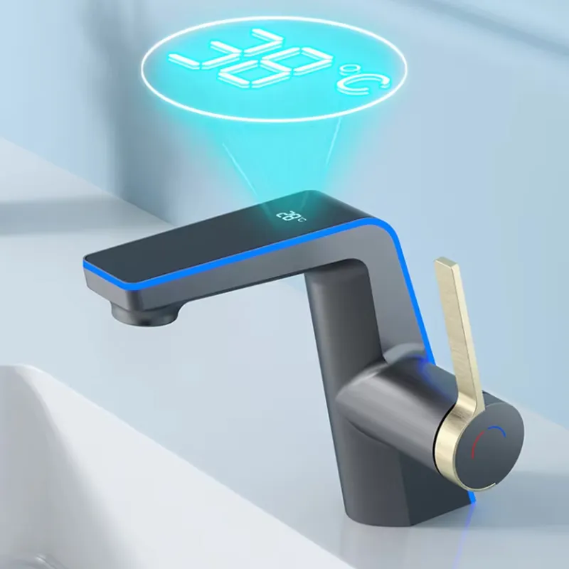 การออกแบบที่สวยงาม ห้องน้ำ ไฟฟ้าพลังน้ำ LED จอแสดงผลดิจิตอลอัจฉริยะ อุณหภูมิ แสงโดยรอบ ก๊อกน้ำอ่างล้างหน้าร้อนเย็น