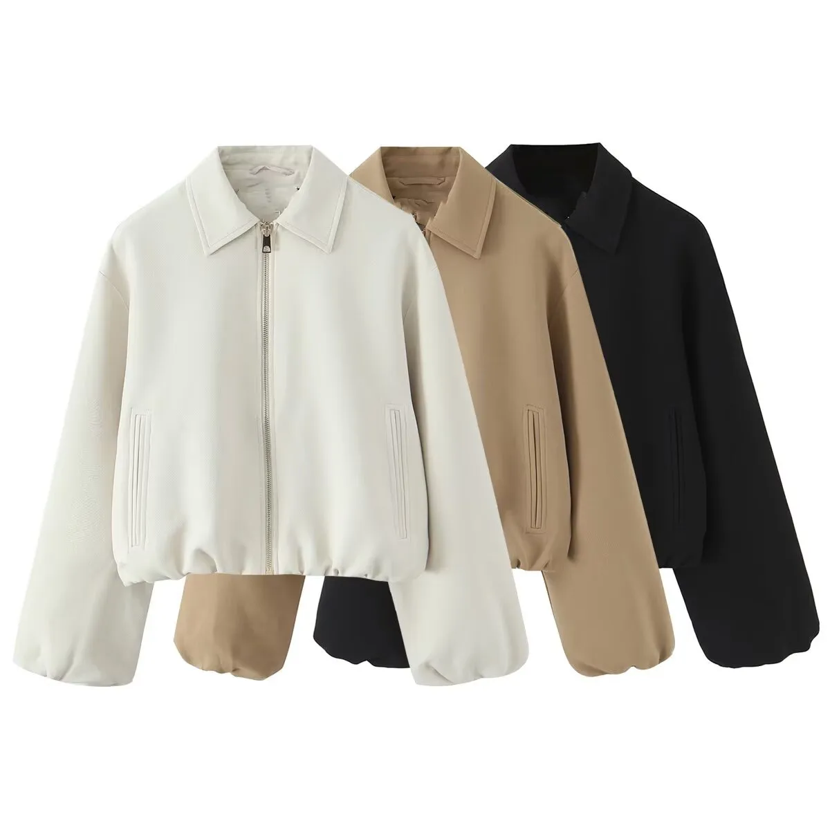 KAR&OT ZA 2025 Autumn New Women's Clothing Simple Casual Fashion Puff Elastic Decorative Layer Long Sleeve Lapel Jacket 8372246