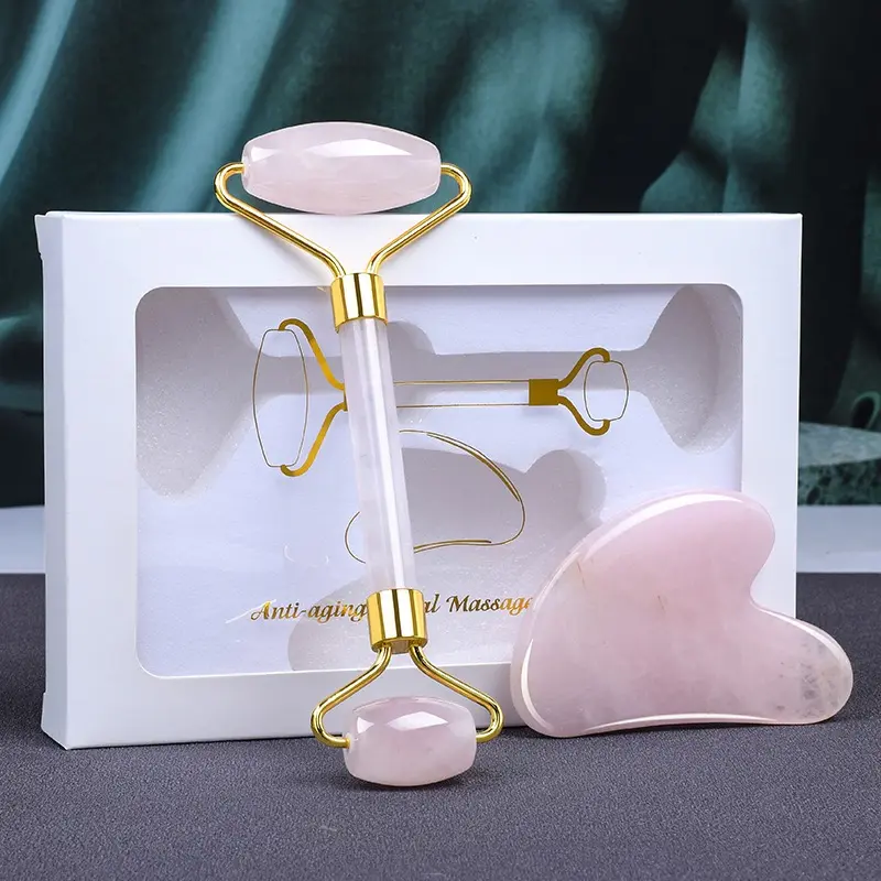 หินธรรมชาติ 100% นวดหน้า Rose Quartz เครื่องสำอางค์ Facial Jade Roller และหยก Gua Sha ชุดเครื่องมือดูแลผิว