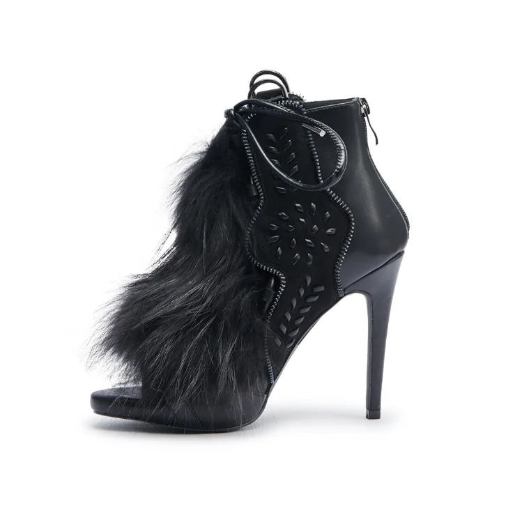 ผู้หญิงสีดำFaux Fox Fur Peep Toe Stilettoส้นข้อเท้ารองเท้าแตะLace-Up Design Punkสไตล์รองเท้าแตะสำหรับสตรี