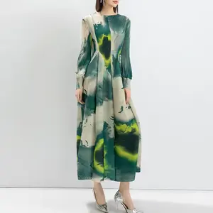 Modest Pleated Dress Women's Middle Eastern Fashion Printed Lantern Sleeves Loose Large Size Pleated Casual Women Dress