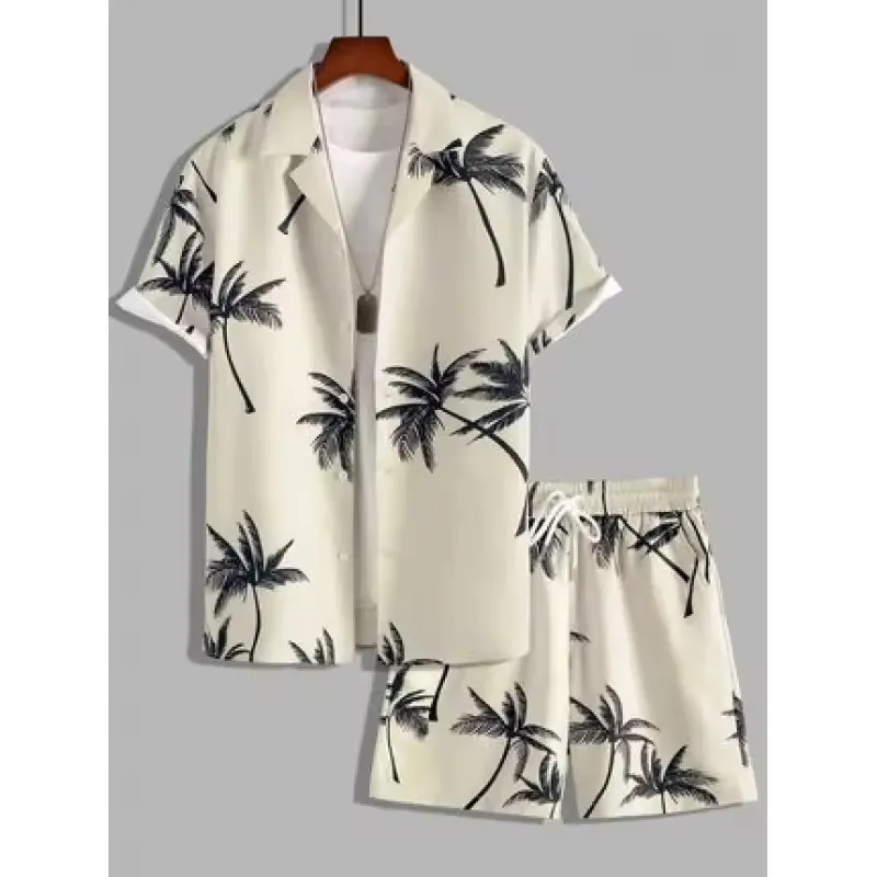 2025 New Male Collar Short Sleeve Print Shirt and Shorts Sets Custom Plus Size S- 4XL Beach Shirts OEM Men's Shirts Set for Men