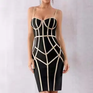 Manufacturer Custom Clothing Women's Sexy Thin Shoulder Straps Sleeveless Club Evening Dress Midi Length For Autumn Season