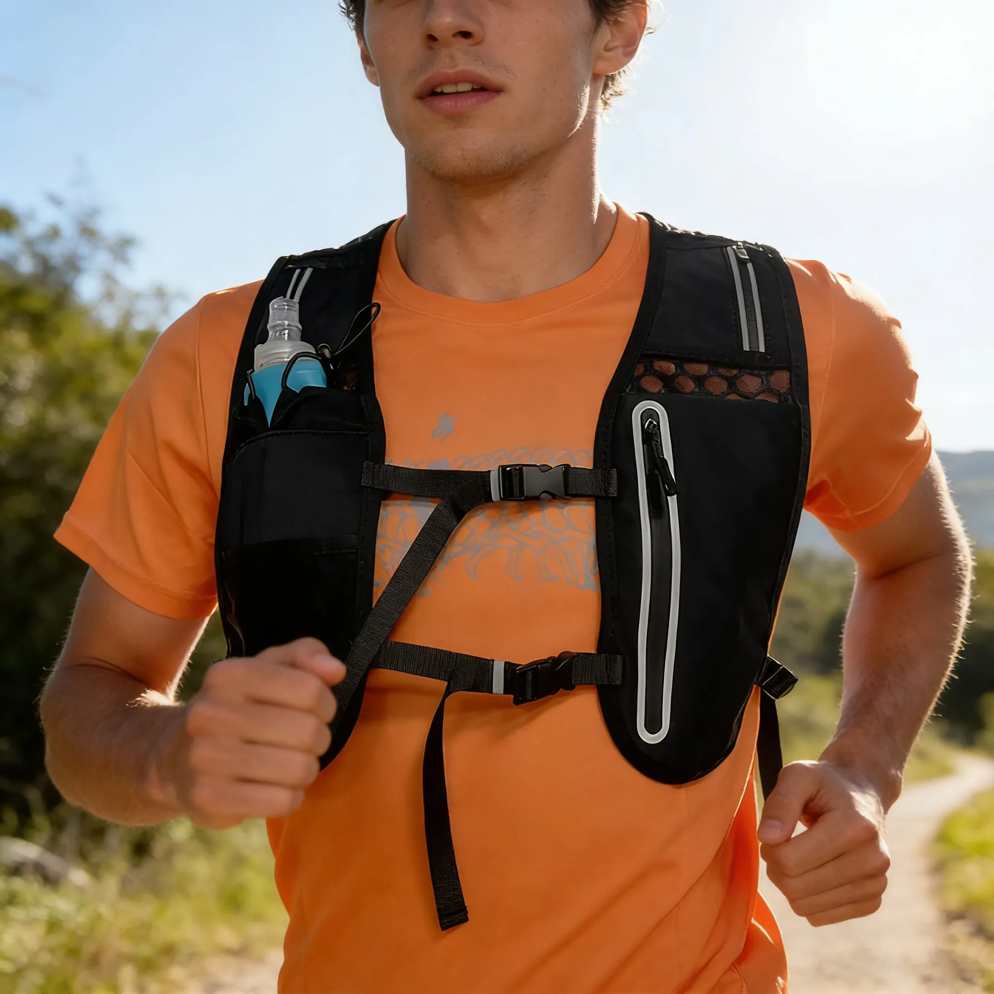 Reflective Lightweight Sports Backpack with Water Bottle Holder Running Hiking Cycling Pack Outdoor Mountaineering Vest Bag