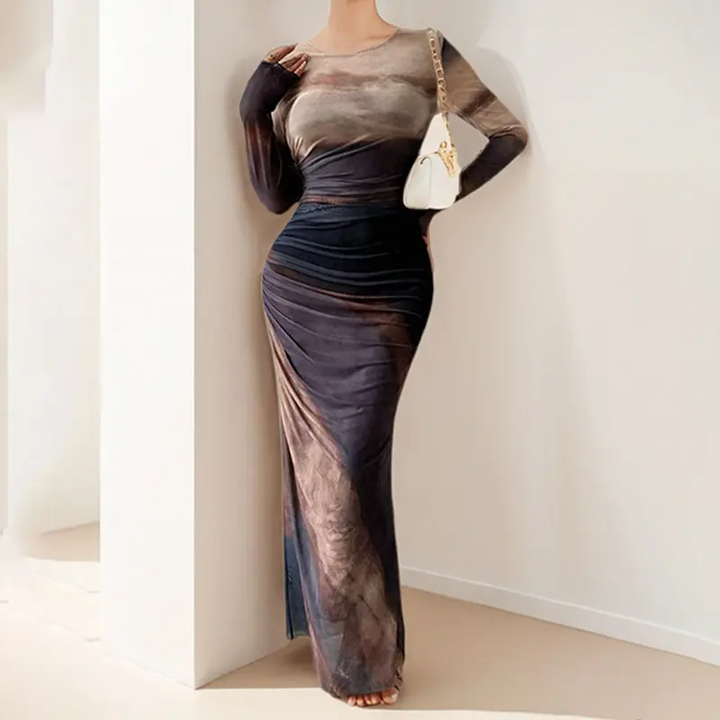 เพิ่มเติมสีที่ยั่งยืน Tie Dye ตาข่ายชุดยาวผู้หญิง Elegant O-คอยาวแขนยาว SLIM FIT PARTY Dress Draped Decor ล้างทำความสะอาดได้