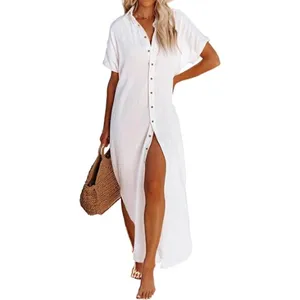 Womens Casual Short Sleeve Side Split Button Down Long Kimonos Cardigans Swimsuit Cover Ups Summer Beach Dress