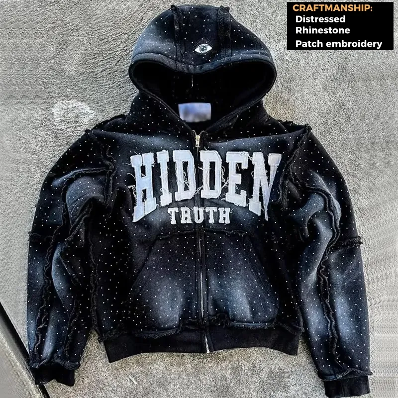Custom Distressed Boxy Fit Zip up Hoodies ส่วนบุคคลเฮฟวี่เวท Streetwear Hip Hop Rhinestone Unisex Hoodies สำหรับผู้ชาย