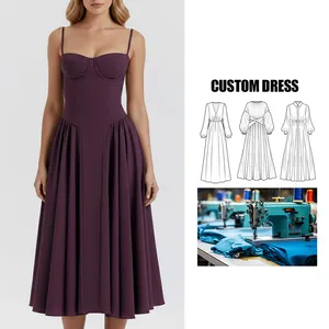 OEM Guangzhou Garment Manufacture Custom Logo Summer Women's Retro Long Skirt French Style Solid Casual Dress With Sling