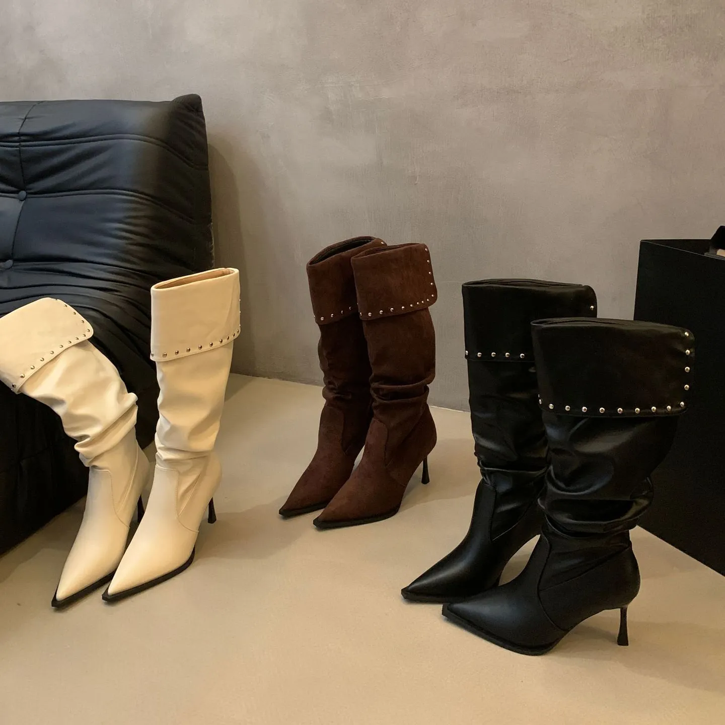2024 New Fashion Rivets Waterproof Winter Women's Knee-High Square Heel Knight Boot Soft Comfortable Pointed Toe Long Boot