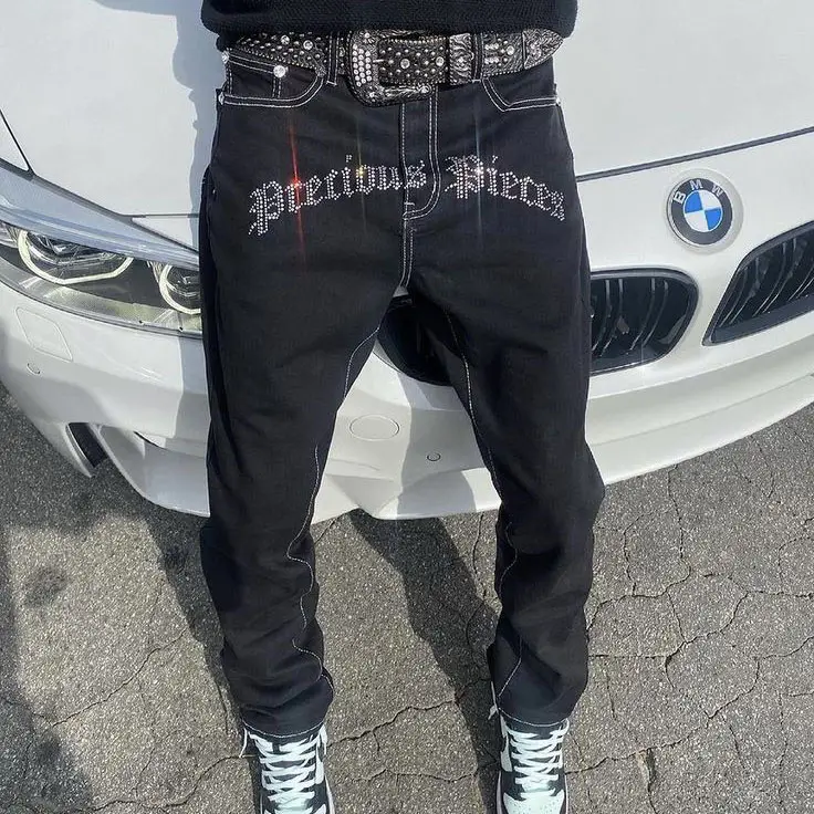 ผู้ชายที่กำหนดเองปักยืดตรงขนาดใหญ่Streetwearกางเกงขากว้างRhinestone Vintage SalvageดิบDenimกางเกงยีนส์