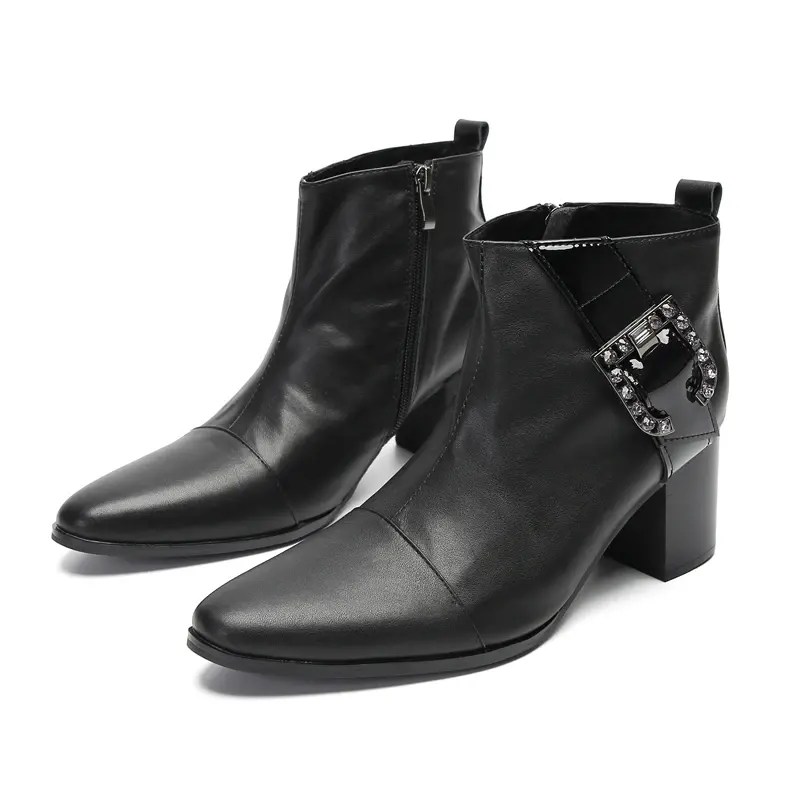 Luxury Retro Men's Ankle Boots for Winter Black Chelsea Style with High Heels Big Buckle Zipper Cowboy Dress Party Shoes