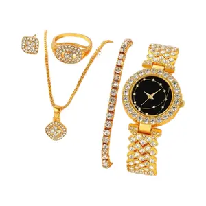 Fashion Gold Women Watch Diamond Bracelet+ring+necklace+earrings Full Crystal Watches Bracelet Gold Chain Clock for Female