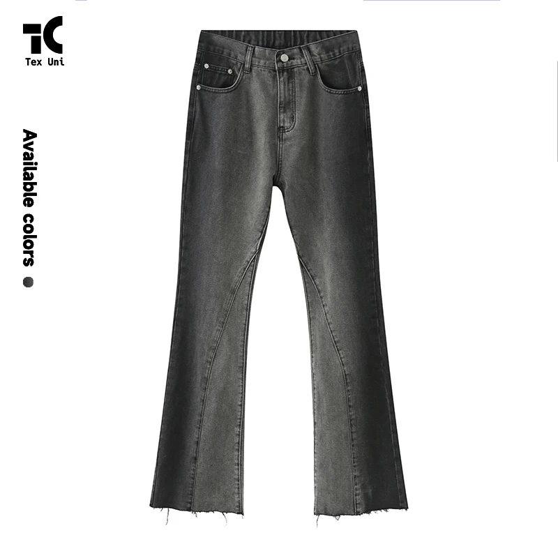 มาใหม่ล่าสุดผู้ชายสไตล์เกาหลีล้างวินเทจเอวยางยืดค่อยเป็นค่อยไปลุกเป็นไฟ Bootcut กางเกงยีนส์