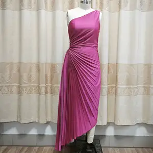 Women Lady Fashion Summer Single Off Shoulder Pleated Dresses Solid Color Long Elegant Falbala Casual Party Maxi Dress