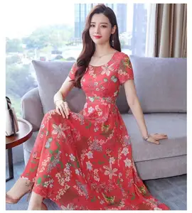 Fashion New Women Dresses Summer Short Sleeve O-neck Knee Length Floral Printed Casual Cheap A-line Dress