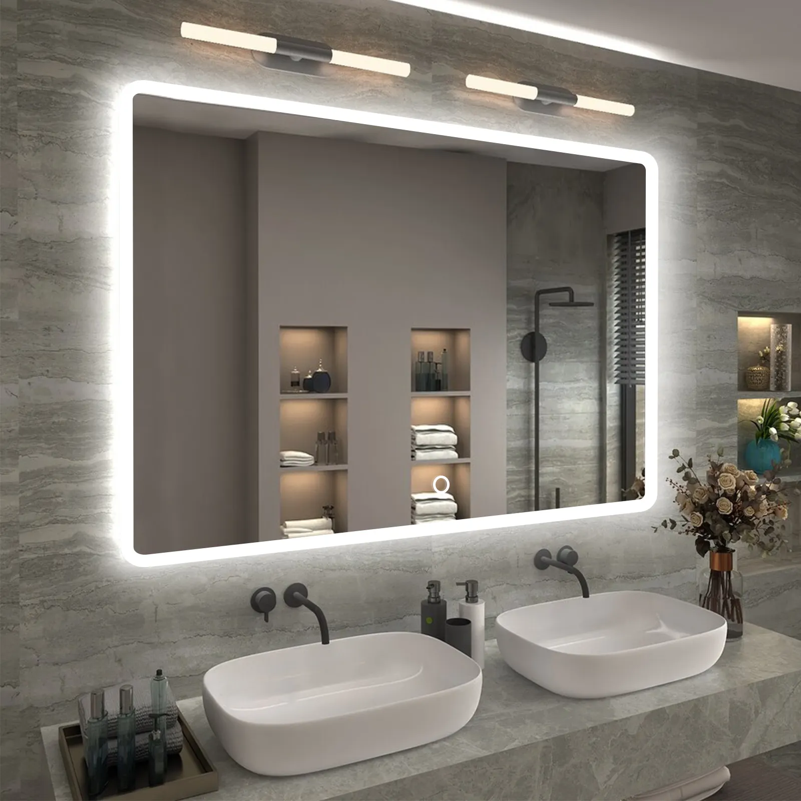 Backlit Smart Sensor Touch กระจกตกแต่งติดผนังกระจกห้องน้ำ LED Light Bath กระจกอุ่น Antifog