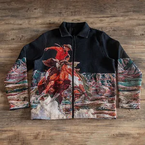 China Manufacture Custom Streetwear Fashion Men Clothing Zip up Jacquard Woven Coat Tapestry Jacket Sweater