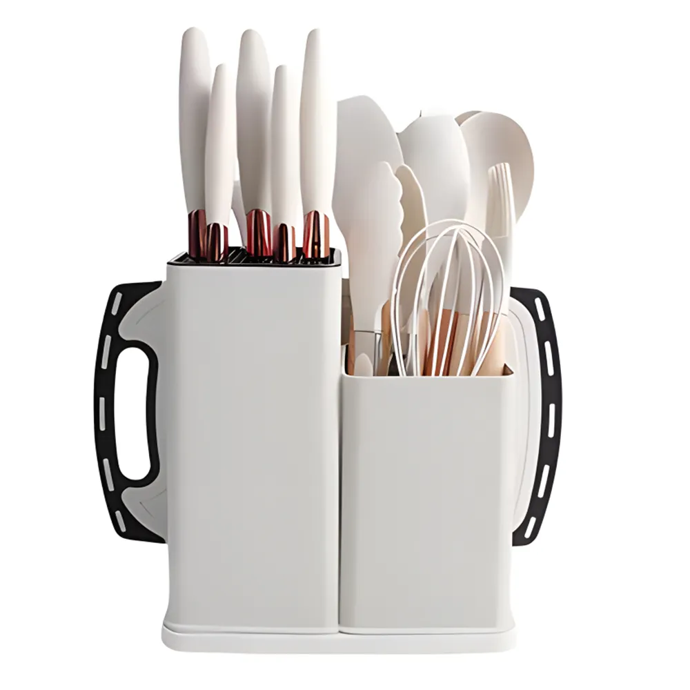 เกรดอาหาร 19 ชิ้นซิลิโคนชุดเครื่องครัวพร้อมที่จับไม้เครื่องมือทำอาหารตัดบอร์ดเก็บถังชุดอุปกรณ์ครัว