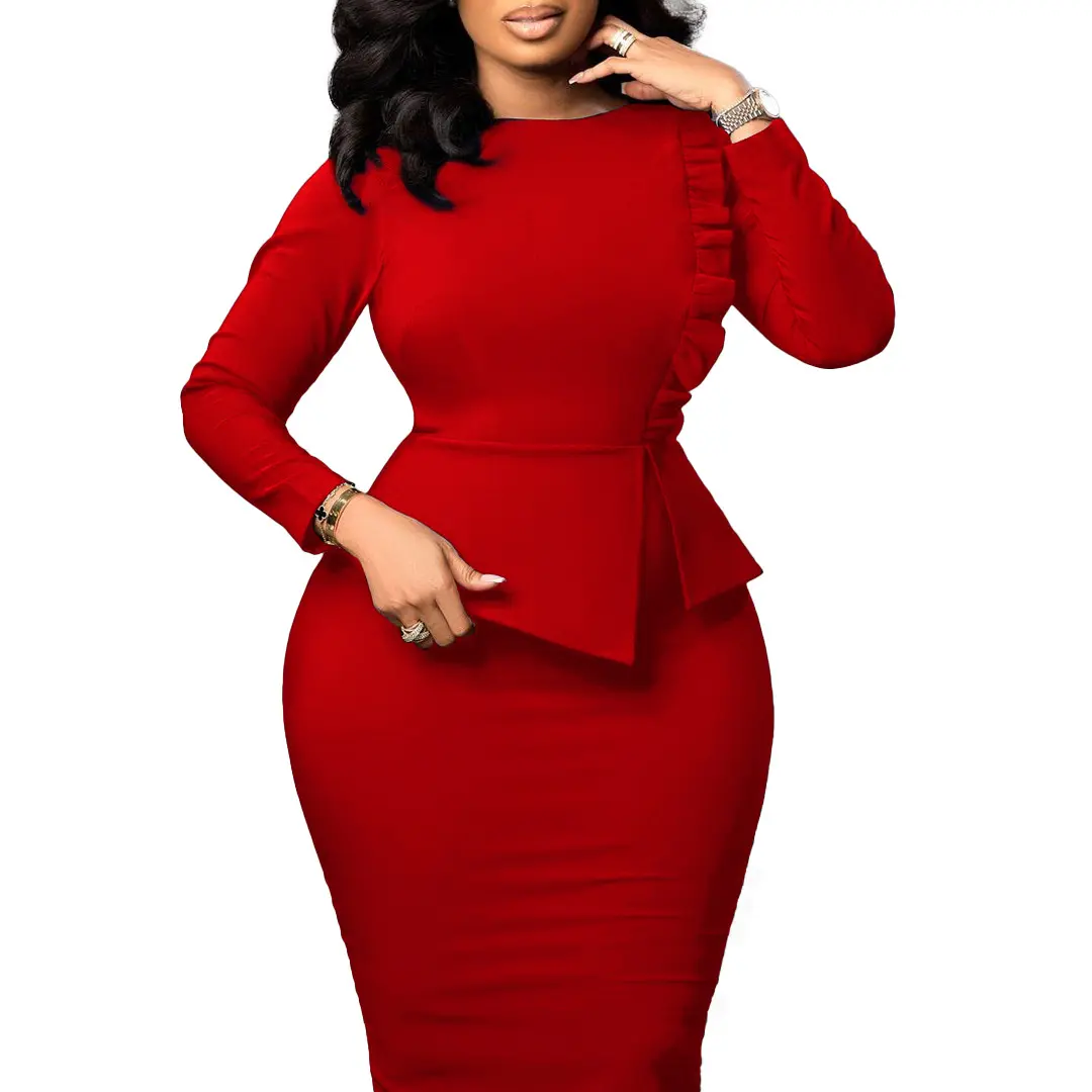 Wholesale Plus Size Women Office Wrap Mid Dresses Ladies Casual Formal Work Dresses Elegant Business Dress Women's Clothing