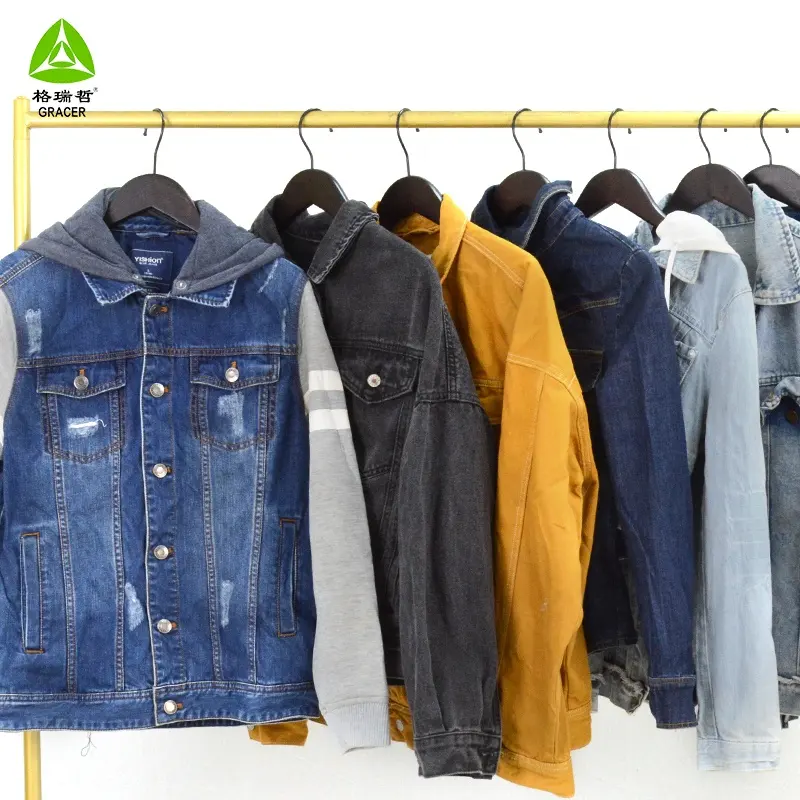 Mens Denim Jean Jacket แฟชั่นอินเทรนด์ Ripped Denim Abaya Thrift Store ดูไบ Engros ใช้เสื้อผ้า Bales