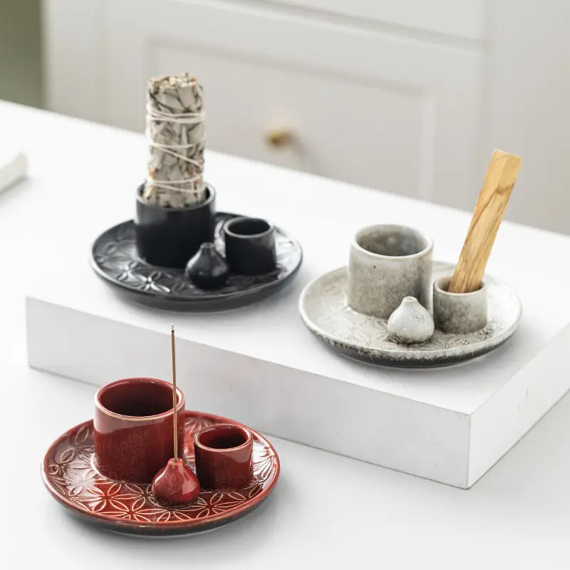 มัลติฟังก์ชั่น Minimalist Sage Smudge เครื่องมือเครื่องหอมตกแต่งบ้านเซรามิคธูป Burner ชุดเทียนผู้ถือธูป