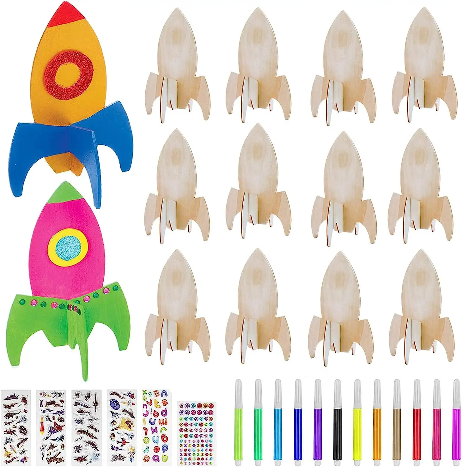 DIY ไม้ Rocket ตกแต่งหัตถกรรมไม้ชุดเครื่องมือสำหรับโรงเรียนเด็ก Home Party Decor โครงการ Space Rocket หัตถกรรมไม้ชุด
