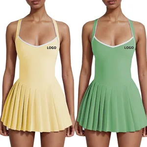 Custom Ladies Tennis Sport Dress Contrast Color Open Back Pleated Golf Dress Women Gym Running Fitness Wear Dress with Padded